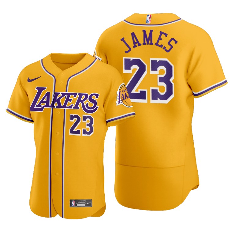 Men's Los Angeles Lakers #23 LeBron James 2020 Gold NBA X MLB Crossover Edition Stitched Jersey